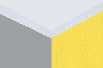 Gray and yellow wallpaper on the walls of  room. Ceiling and ceiling plinth.