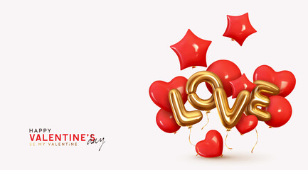 Fototapeta na wymiar Red balloons in shape of hearts and stars, gold metal text LOVE. Valentine's Day Background. Realistic design with romantic decorative objects in 3d. Bright holiday composition. Vector illustration