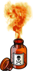 An unstoppered brown glass reagent bottle of poison with brown fumes escaping.