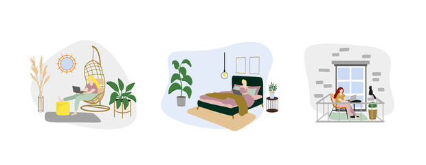 Woman working on balcony, from bed. Work from home concept. Stay at home. home office, freelance, distance education, online conference, customer
space ,customer service. Young people, man and woman.
