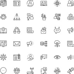 communication vector icon set such as: affiliate marketing, write, debate, computing, resources, client, coaching, e-learning, device, world, lesson, think, face, refer, pull, director, postage