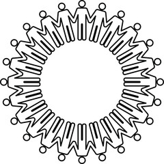 A ring of people icons holding hands. Sharp black line art.