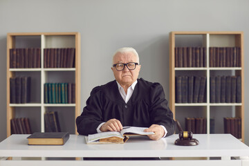 Serious senior lawyer in glasses working with case documents in office. Wise mature judge in gown...