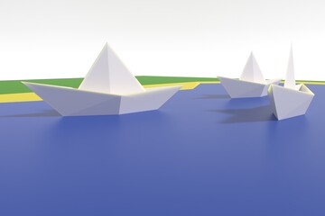 3d illustration. Paper boats on the lake