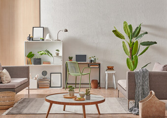 Grey stone wall interior room with wooden decor, bookshelf, sofa and vase of plant, middle table, carpet, home decoration.