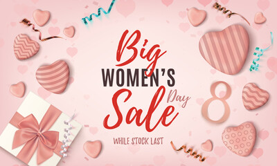 Women's day sale background. Pink abstract desigb template with realistic candy hearts and ribbons. Brochure, poster or header template for web use. Vector illustration.