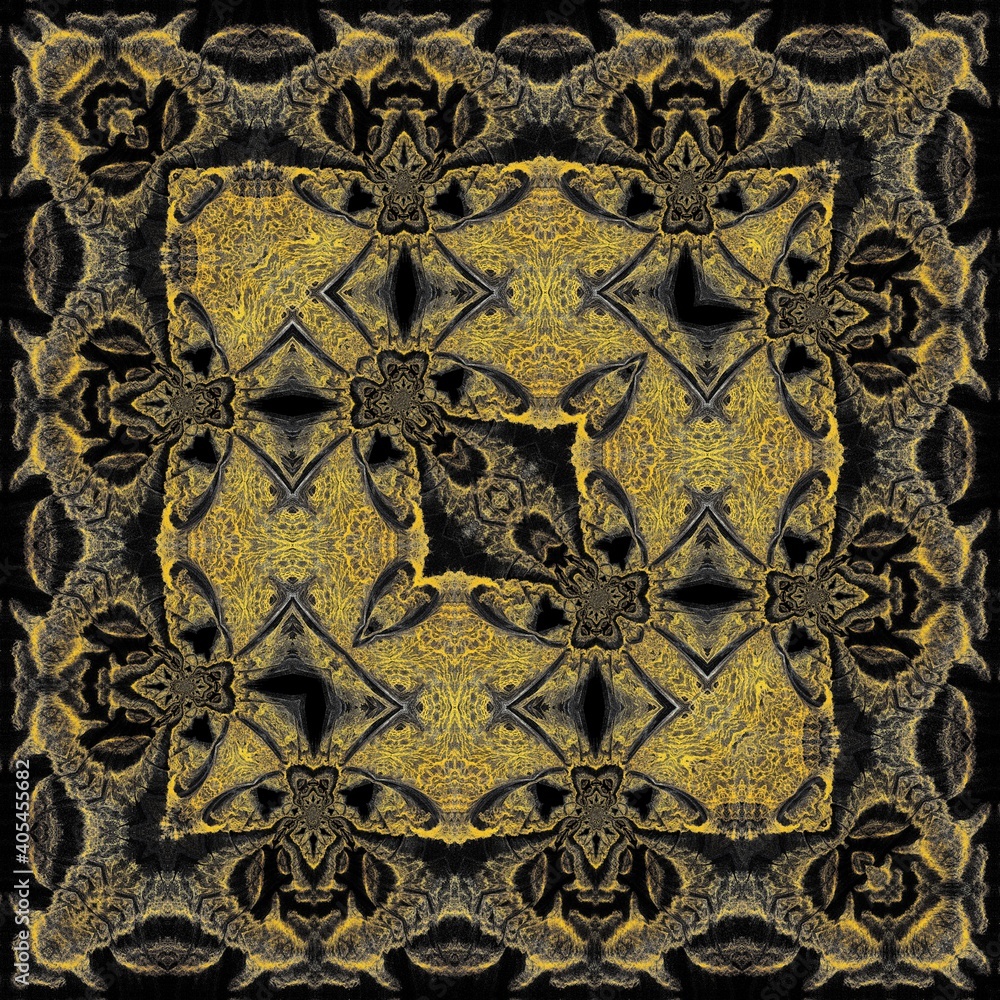 Poster golden yellow and grey on a black background intricate patterns and square format designs inspired b