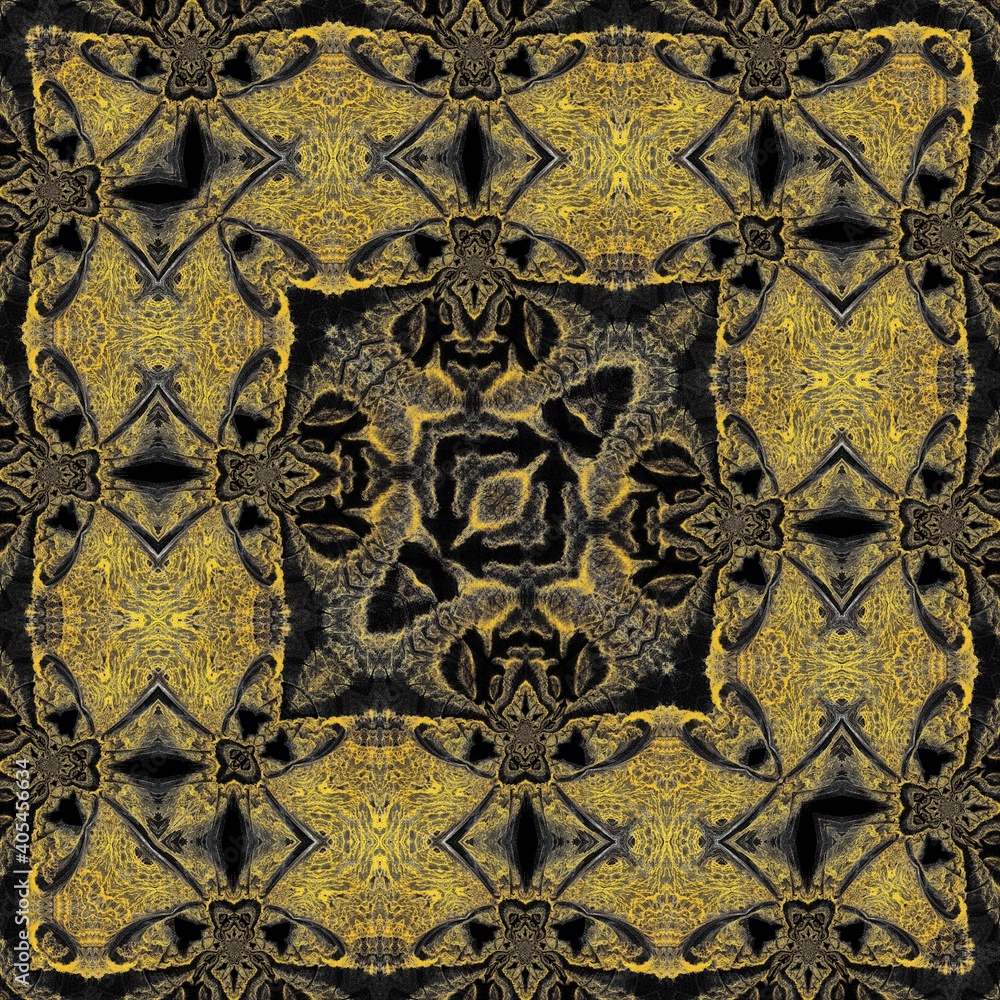 Poster golden yellow and grey on a black background intricate patterns and square format designs inspired b