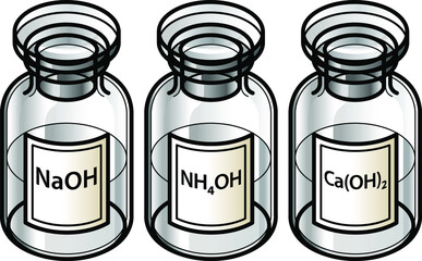 A trio of bases - sodium hydroxide, ammonium hydroxide and calcium hydroxide - in clear glass reagent bottles.