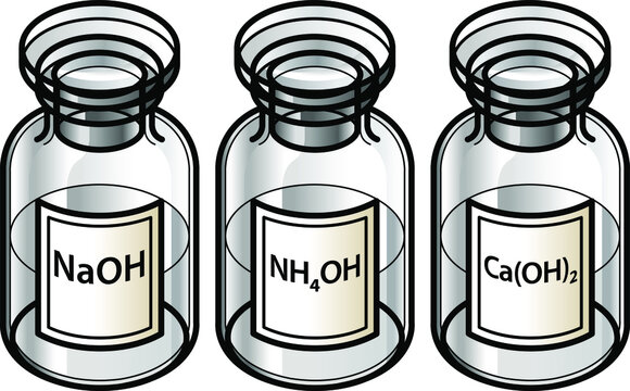 A Trio Of Bases - Sodium Hydroxide, Ammonium Hydroxide And Calcium Hydroxide - In Clear Glass Reagent Bottles.