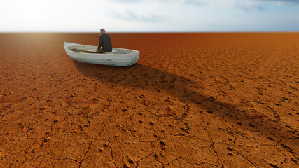 Concept or conceptual desert landscape with a man in a boat as a metaphor for global warming and climate change. A warning for the need to protect our environment and future 3d illustration
