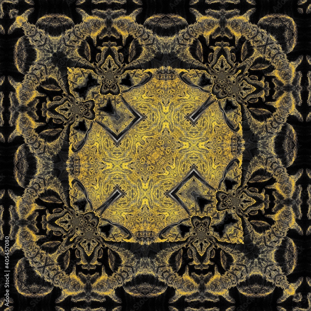 Poster golden yellow and grey on a black background intricate patterns and square format designs inspired b