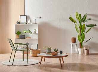 Grey stone wall interior room with wooden decor, bookshelf, sofa and vase of plant, middle table,...