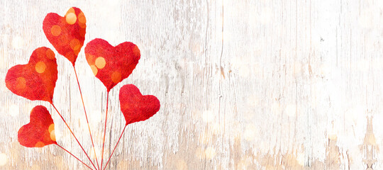 Valentines day background panorama banner long - Red heart balloons and bokeh lights on rustic bright white wooden texture