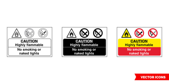 Caution highly flammable no smoking or naked lights fire prevention and explosive hazard sign icon of 3 types color, black and white, outline. Isolated vector sign symbol.