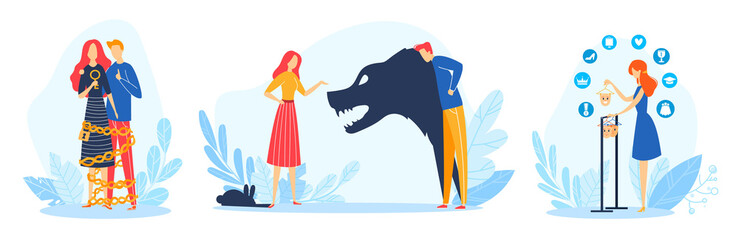 Family problems vector illustration set. Cartoon flat family or couple people in conflict or abusive conflicting relations, angry husband abuse wife, bad problematical relationship isolated on white