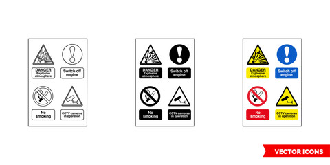 Multi notice fire prevention and explosive hazard sign icon of 3 types color, black and white, outline. Isolated vector sign symbol.