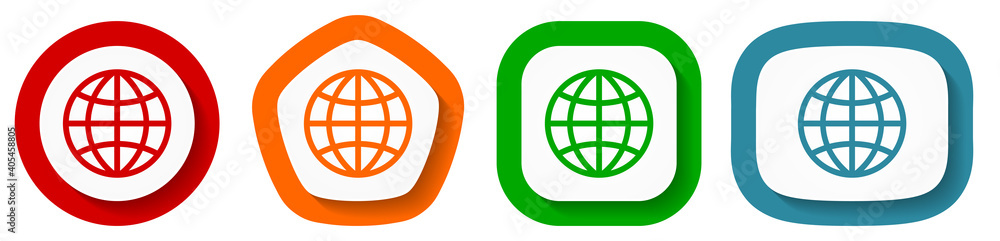 Poster world, globe vector icon set, flat design global buttons on white background