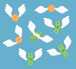 Flying moneys set on blue background vector illustration flat modern design modern style