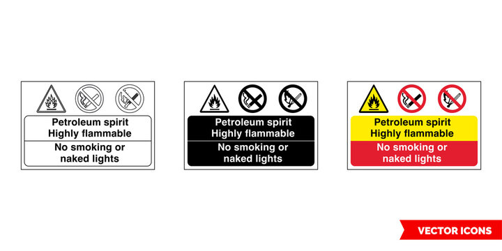 Petroleum spirit highly flammable no smoking or naked lights fire prevention and explosive hazard sign icon of 3 types color, black and white, outline. Isolated vector sign symbol.