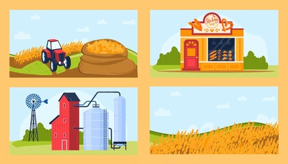 Wheat agriculture product vector illustration set. Cartoon flat farm tractor harvesting wheat grain in rural agricultural farm field for flour milling industry and production of cereal bread in bakery © Seahorsevector