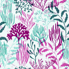 Coral reef seamless pattern., Tropical coral reef bush silhouette elements.