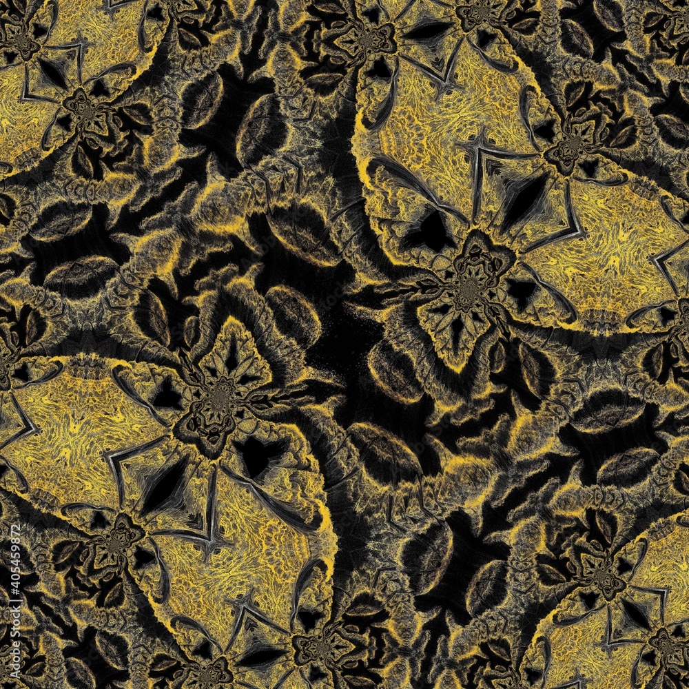 Poster golden yellow and grey on a black background intricate patterns and designs inspired by the colours 
