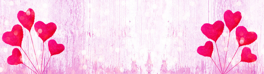Valentines day background panorama banner long - Pink heart balloons and bokeh lights on rustic bright white wooden texture
