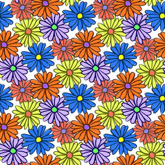 Beautiful bright colorful multicolored chamomile flowers isolated on white background. Cute floral seamless pattern. Vector flat graphic hand drawn illustration. Texture.