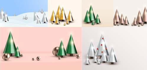 Abstract realistic 3D Christmas trees background vector illustration