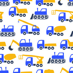 Bright colorful construction special equipment isolated on white background. Cute transport seamless pattern. Side view. Vector flat graphic illustration. Texture.