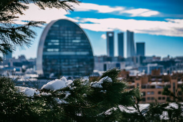 Bokeh view of the skyline of Madrid, Spain - winter scene