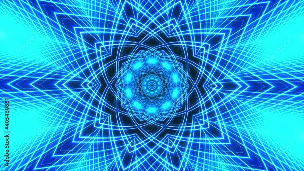 Poster 4k 3d rendering abstract blue neon light mandala loop rotating background in motion for big screen a