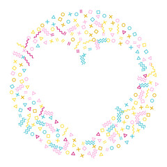 Memphis style geometric confetti background with triangle, circle, square, zigzag and wavy line