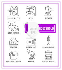 A vector collection of home appliance icons and line illustrations.