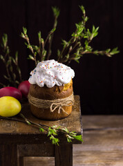 colorful Easter eggs and easter cake on wooden background. Easter background. Easter, traditional, concept. free space for text