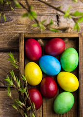 colorful Easter eggs on wooden background. Easter background. Easter, traditional, concept. free space for text