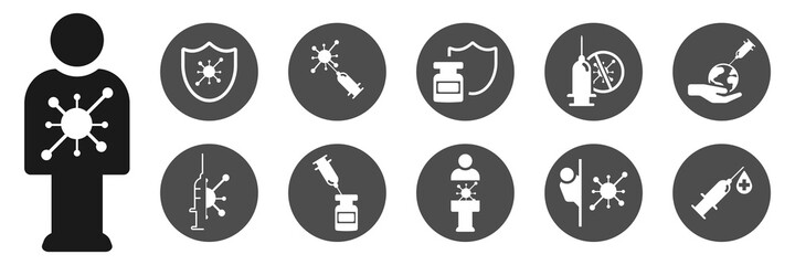 Coronavirus vaccine distribution icon. 2021 Vaccination COVID-19. Syringe. Vector icons set