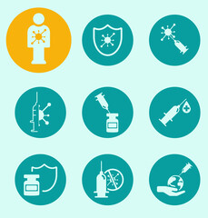 2021 Coronavirus vaccine icon set. Vaccination COVID-19. Blue and yellow vector EPS10
