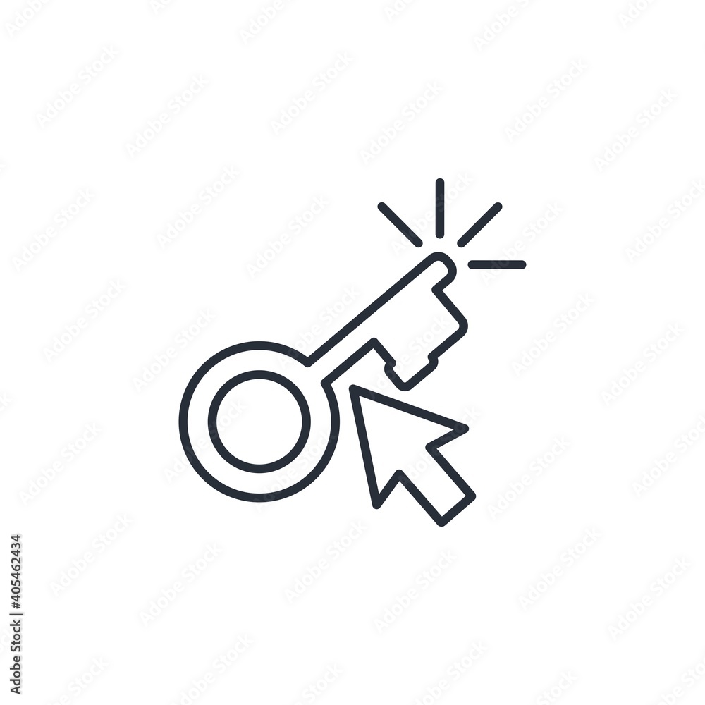 Aufkleber key and arrow pointer. the right key. vector linear illustration isolated on white background.