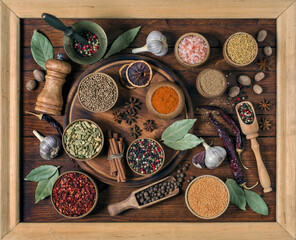 Colorful various condiments and spices for cooking