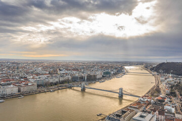 Aerial drone shot of Szechenyi Bridge over Danube in Budapest winter morning