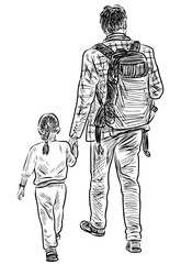 Fototapeta na wymiar Freehand drawing of a father and her little daughter walking outdoors