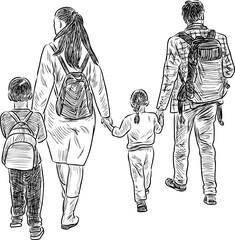 Freehand drawing of young family with little kids walking outdoors