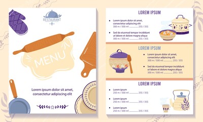 Obraz premium Russian cuisine cafe menu vector illustration. Cartoon flat restaurant, cafeteria or bistro cafe menu with traditional Russian food cuisine and national floral ornaments on kitchenware background