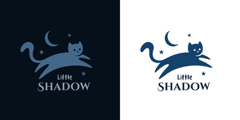 Cat logo template. Pet symbol. Cute kitten icon. Little kitty shadow with moon at night. Domestic feline animal jump silhouette. Vector illustration.
