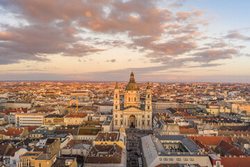 Fototapeta na wymiar Aerial drone shot of St. Stephen Basilica during Budapest sunset