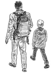 Fototapeta na wymiar Sketch of a father with his little son walking outdoors