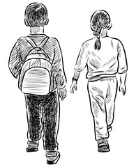 Fototapeta na wymiar Sketch of little children walking outdoors together