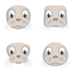 Set of cartoon seals. Different shapes of animal heads.